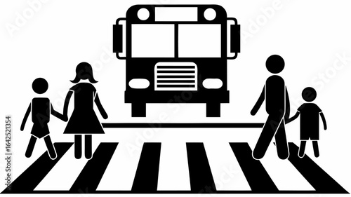 Illustration of a school bus at a pedestrian crossing with people crossing the street safely together | editable eps vectors silhouette