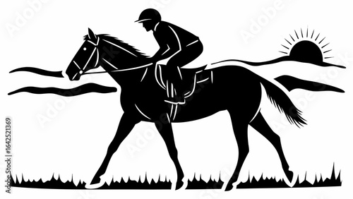 Silhouette of a horse and rider with sun and landscape in the background in black and white style | editable eps vectors