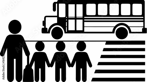Illustration of a school bus with children and an adult crossing a crosswalk in black and white style | editable eps vectors silhouette