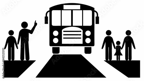 Illustration of a school bus approaching a crosswalk with people waiting to cross the street safely now | editable eps vectors silhouette