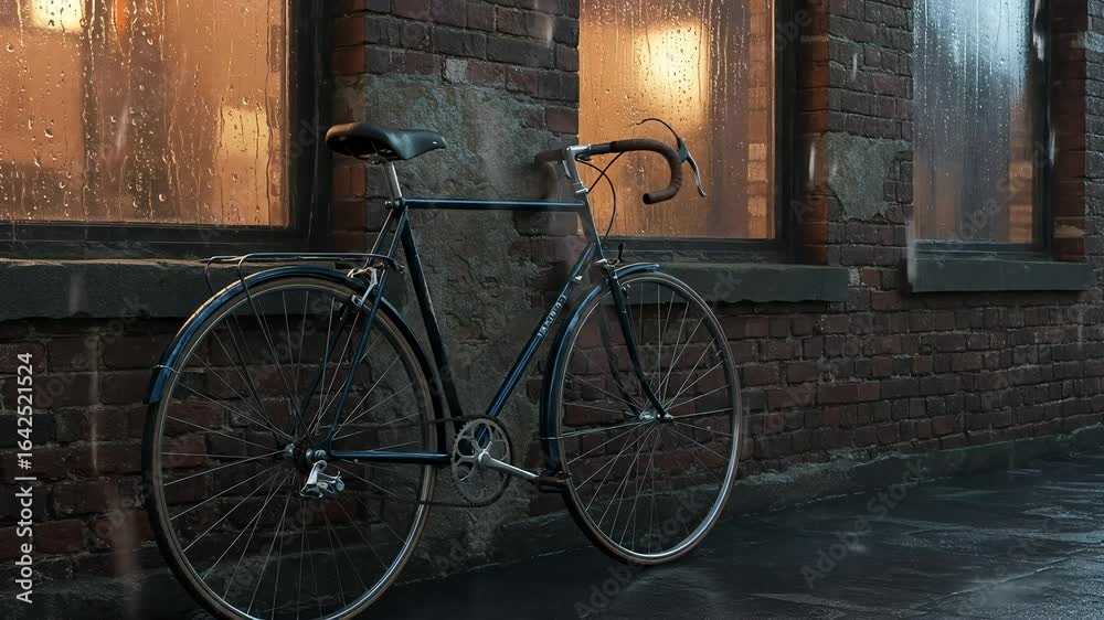 Classic bicycle outside brick building on rainy day Classic bicycle outside brick building on rainy day