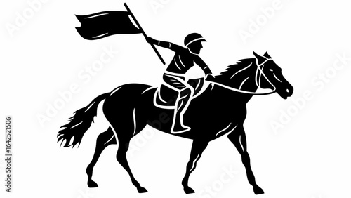 Illustration of a jockey riding a horse while holding a flag in a black and white silhouette style | editable eps vectors