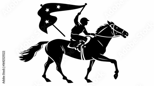 Silhouette of a horse and rider holding a flag with stars in black and white illustration design vector | editable eps vectors