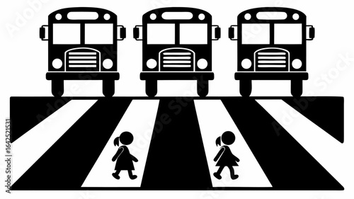 Three school buses waiting at a crosswalk with two children crossing in a black and white illustration | editable eps vectors silhouette