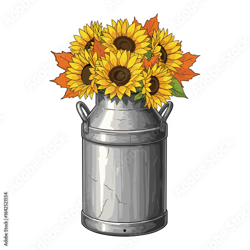 Autumn Sunflowers and Leaves in Vintage Metal Milk Can Still Life Illustration