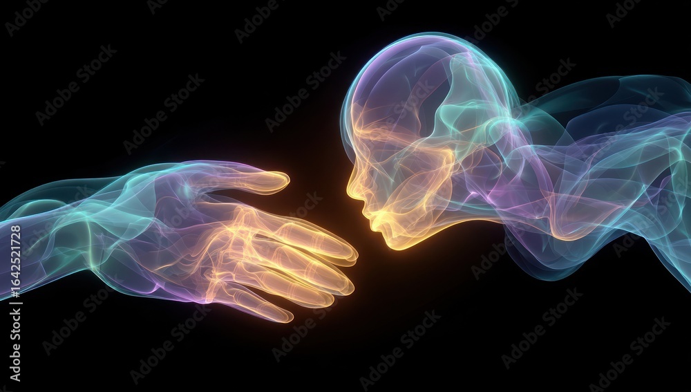 Naklejka premium Two ethereal hands reaching towards each other, forming a connection