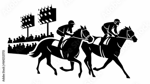 A black and white illustration of two jockeys racing horses with a crowd watching under bright lights | editable eps vectors silhouette