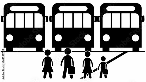 Three buses in a row with people waiting at the bus stop in black and white simple vector illustration | editable eps vectors silhouette