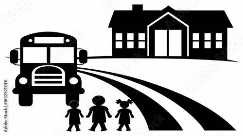 Illustration of a school bus with children and a school building in a black and white design style | editable eps vectors silhouette