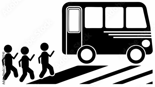 Three stick figures crossing a zebra crossing towards a bus with windows and tires in black and white | editable eps vectors silhouette