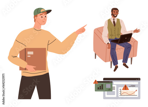 Young man holding a file points to a mentor with a laptop, discussing data on error-filled graphs. Ideal for teamwork, problem-solving, communication, mentorship, education, analytics, discussion