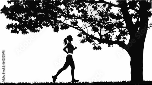 Silhouette of a woman jogging under a large tree with dense foliage in a black and white illustration | editable eps vectors