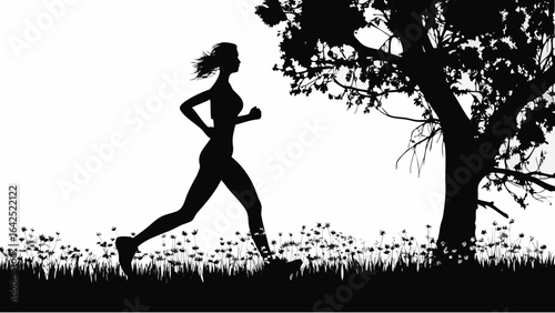 Silhouette of a woman jogging in a field with flowers near a large tree in black and white scenery | editable eps vectors
