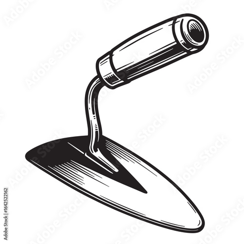 Hand drawn illustration of a trowel construction tool rendered in a retro style design