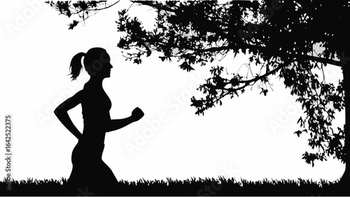 Silhouette of a woman jogging under a tree with grass in foreground in a black and white illustration | editable eps vectors
