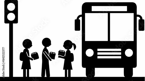 Illustration of children waiting at a bus stop with backpacks and lunchboxes next to a traffic light and bus | editable eps vectors silhouette