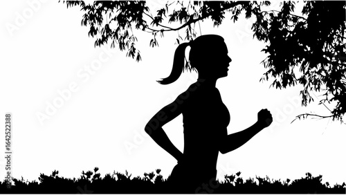 Silhouette of woman running under trees with foliage and grass in black and white landscape scene | editable eps vectors