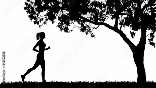 Silhouette of a woman jogging under a large tree with leafy branches in a black and white illustration | editable eps vectors