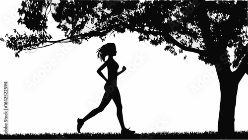 Silhouette of a woman jogging under a tree with dense foliage in a monochrome outdoor scene illustration | editable eps vectors