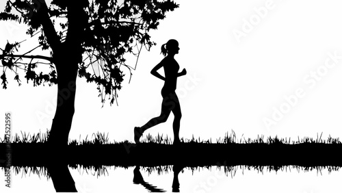 Silhouette of a woman running near a tree reflected in water with grass in the foreground in black and white | editable eps vectors