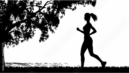 Silhouette of woman jogging near a tree with dense foliage on a bright sunny day outdoors scene | editable eps vectors