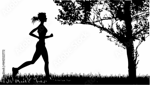 Silhouette of a woman running near a tree with grass in foreground in black and white landscape view | editable eps vectors