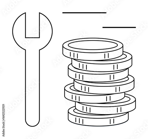 Wrench beside stacked coins suggesting repair costs, budgeting, or resource optimization. Ideal for business, finance, maintenance, cost control, industrial themes, monetary savings simple flat