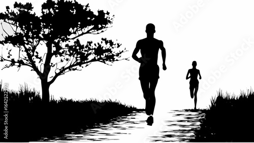 Silhouette of two runners on a path near a tree with grass in a black and white landscape scene view | editable eps vectors