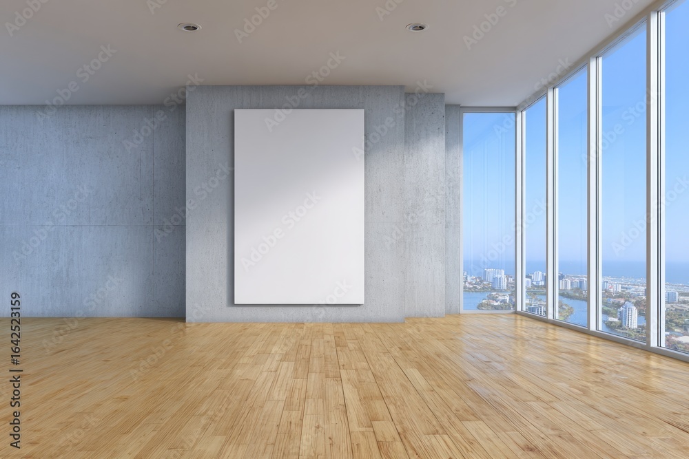 Fototapeta premium Modern empty room with large blank canvas and city view