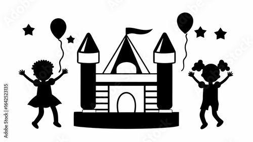 Silhouette illustration of children playing near a bouncy castle with balloons and star decorations around it | editable eps vectors