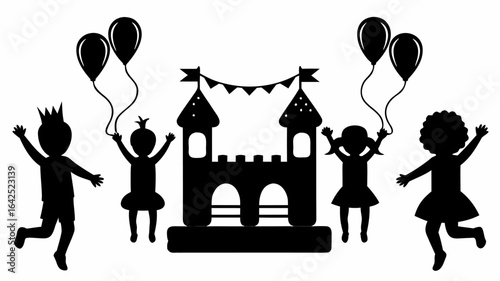 Silhouette illustration of children playing around a bouncy castle with balloons and celebratory flags | editable eps vectors