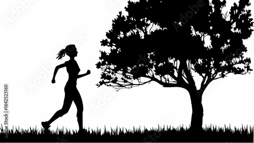 Silhouette of a woman running past a large tree in a park with grass on a white background scene outdoors | editable eps vectors