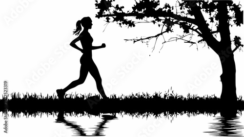 Silhouette of a woman jogging near a tree with water reflections and grass in a black and white landscape view | editable eps vectors