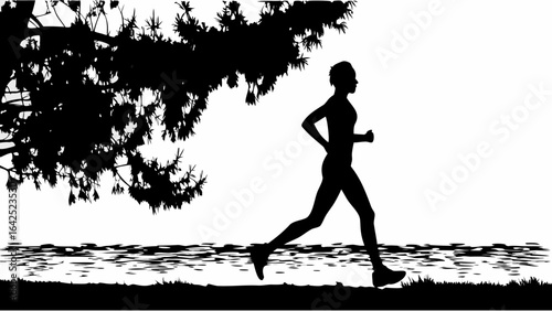 Silhouette of a woman running near water and a tree with dense foliage in black and white landscape | editable eps vectors