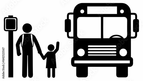 Illustration of a person with a child at a bus stop with a bus waiting to pick them up for transportation | editable eps vectors silhouette