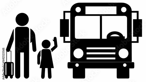 Stick figure of adult with suitcase and child waving goodbye to a bus on a white background scene | editable eps vectors silhouette