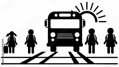 Illustration of a school bus with students waiting, a girl with a suitcase, and sun rays behind bus | editable eps vectors silhouette
