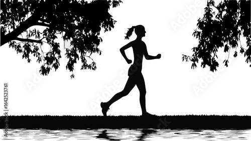 Silhouette of a woman running along the water's edge with trees overhead in a monochrome landscape view | editable eps vectors