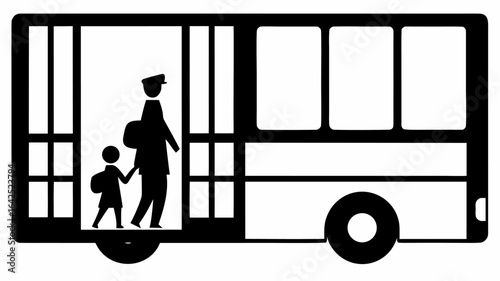 Silhouette of a bus with a driver and child boarding the vehicle in a black and white illustration design | editable eps vectors