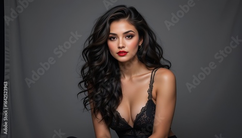 Portrait of a beautiful woman with dark hair and red lips in lingerie, looking sensuous
