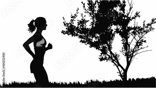 Silhouette of a woman jogging in a park with a tree and grass in the background in black and white style | editable eps vectors