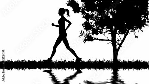 Silhouette of a woman jogging near a tree with reflection in the water in a black and white landscape scene | editable eps vectors