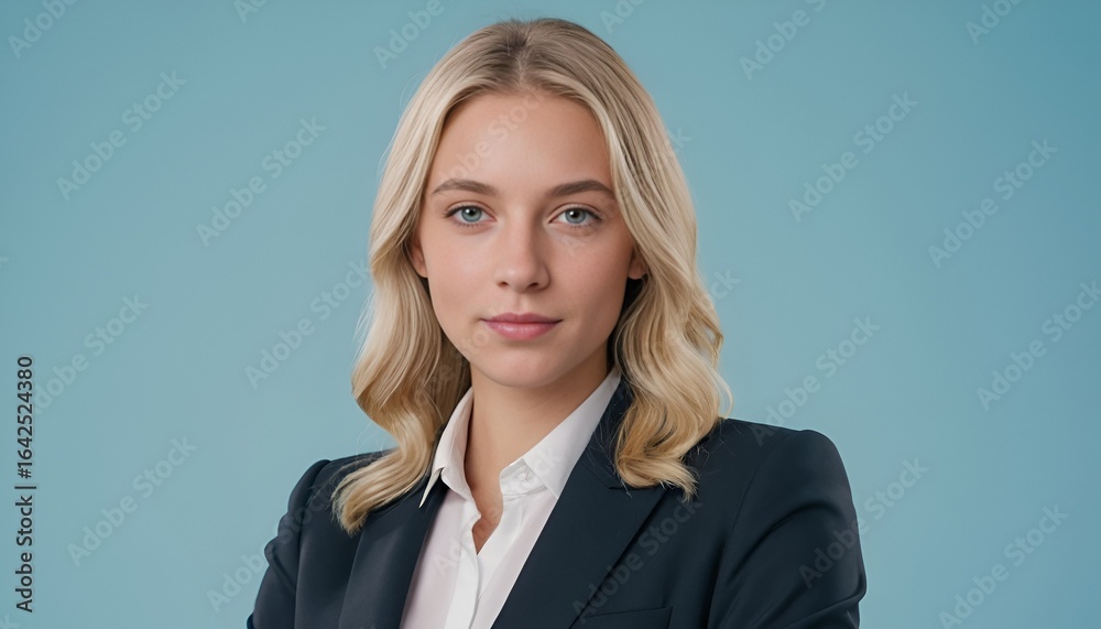 Confident blond woman with blue eyes smiles, wearing a suit against a light blue background. Confident blond woman with blue eyes smiles, wearing a suit against a light blue background.