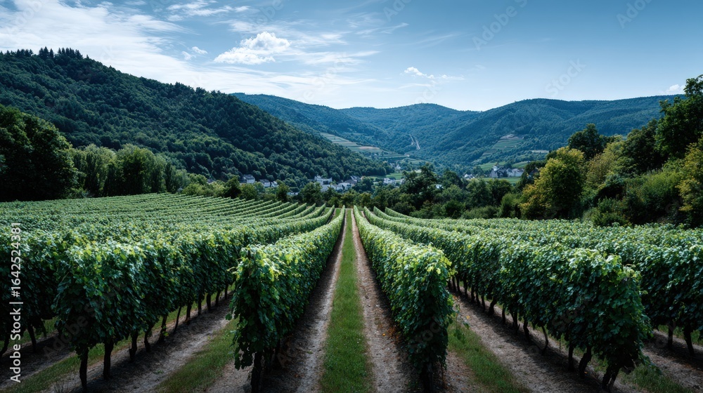 Naklejka premium Lush vineyard rows stretch across a hillside landscape.