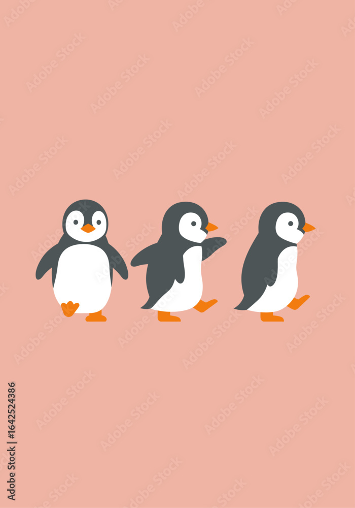 Obraz premium Three cute cartoon penguins walking in a line on a pink background.