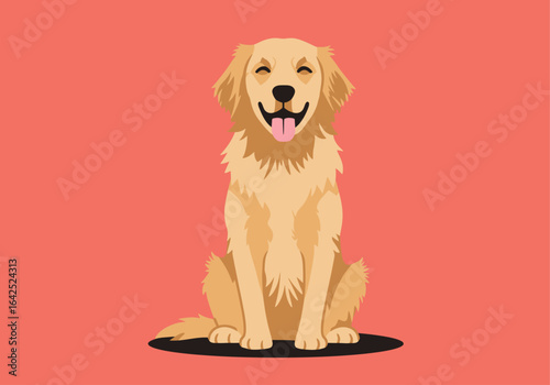 Happy golden retriever dog sitting, smiling, tongue out, illustrated.