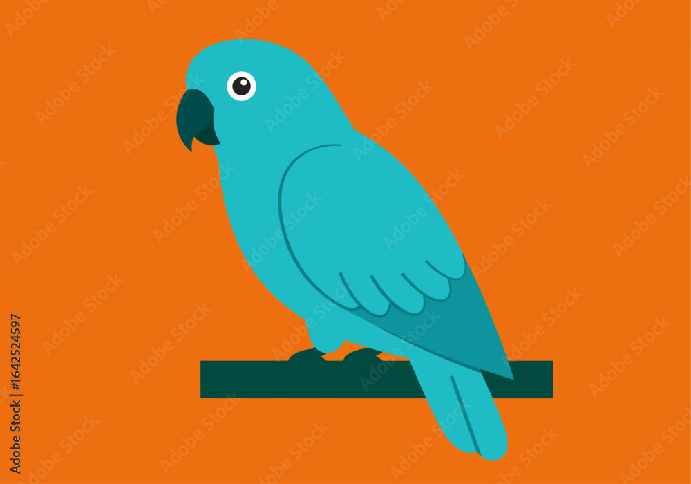 Fototapeta premium A flat design illustration of a bright blue parrot perched on a branch against a solid orange background.