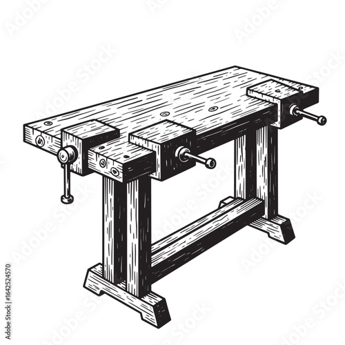 Vintage engraved illustration of a detailed wooden workbench for carpentry or woodworking