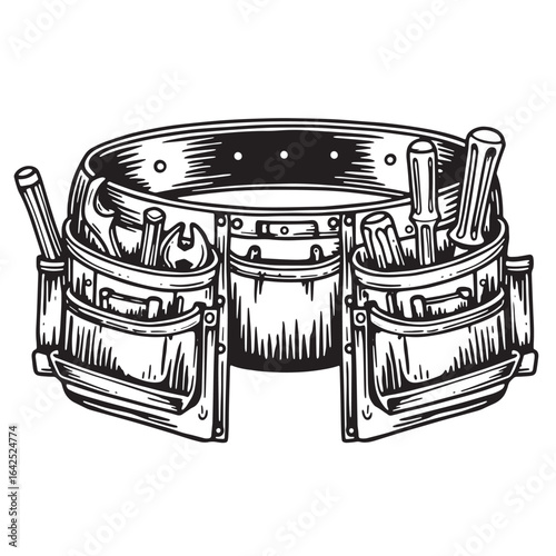 Vintage style illustration of a tool belt filled with various construction and repair tools