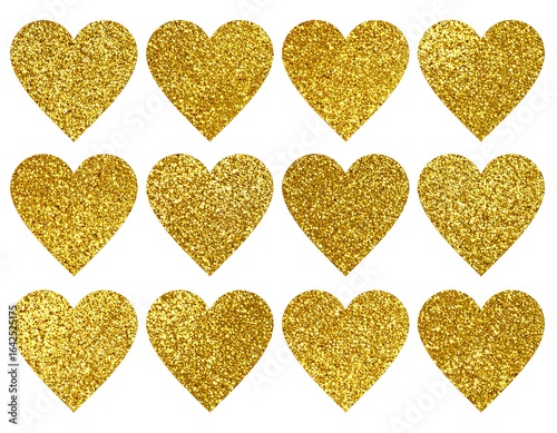 Gold glitter hearts on white